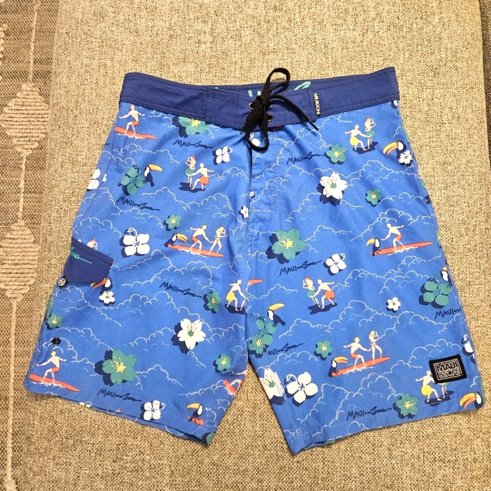 Men's Maui and Sons Board Surf Shorts SurfIng Hula People Swim Trunks Size 34